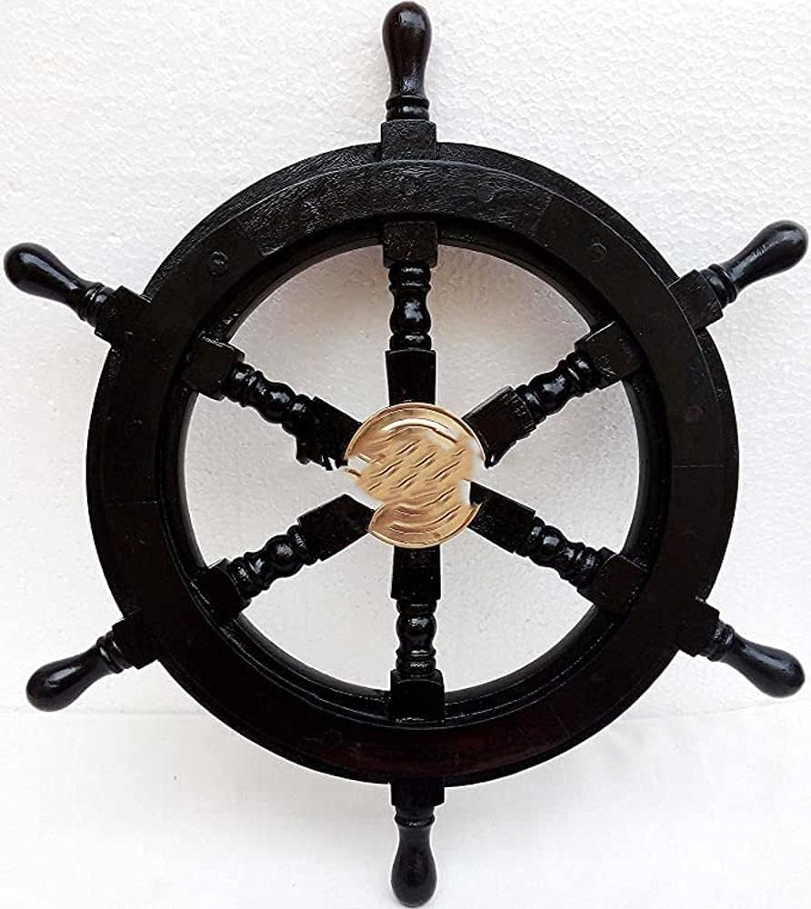 Nautical Wooden Ship Wheel Pirate Captain Brass Boat Steering Home Wall Decor