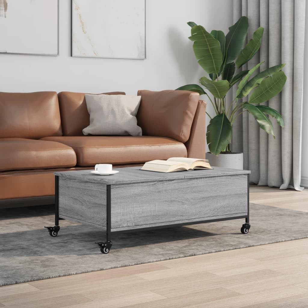 Tavolino da salotto con ruote, grigio sonoma, 91 x 55 x 34 cm, in legno, mobile per soggiorno, con spazio e ruote bloccabili, per soggiorno, ufficio o decorazione