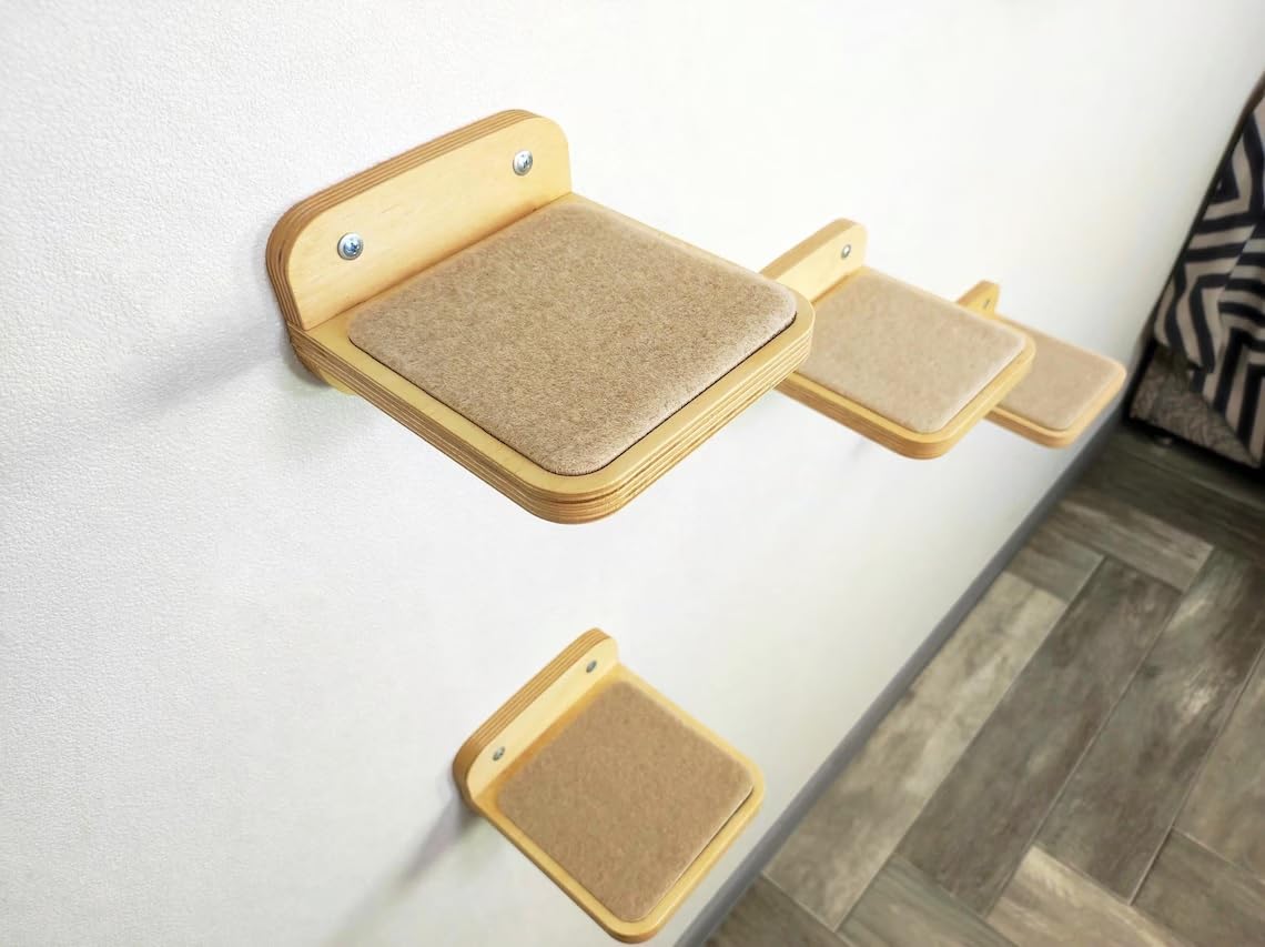 ANAIZA Wall Mounted Wooden Cat Bed with Soft Cushion and 3 Climbing Steps – Space-Saving Modern Cat Hammock Lounge Shelf for Indoor Cats Natural Birch 3