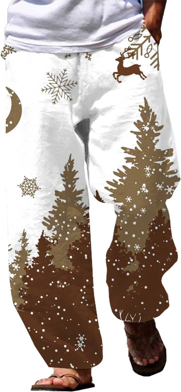 Men's Spring and Summer Trousers Christmas Tree 3D Printed Casual Pants Outdoor Star Men Cargo for UK Mens White Linen Lightweight Work Slim Fit Jogging Bottoms Green Clothes Track