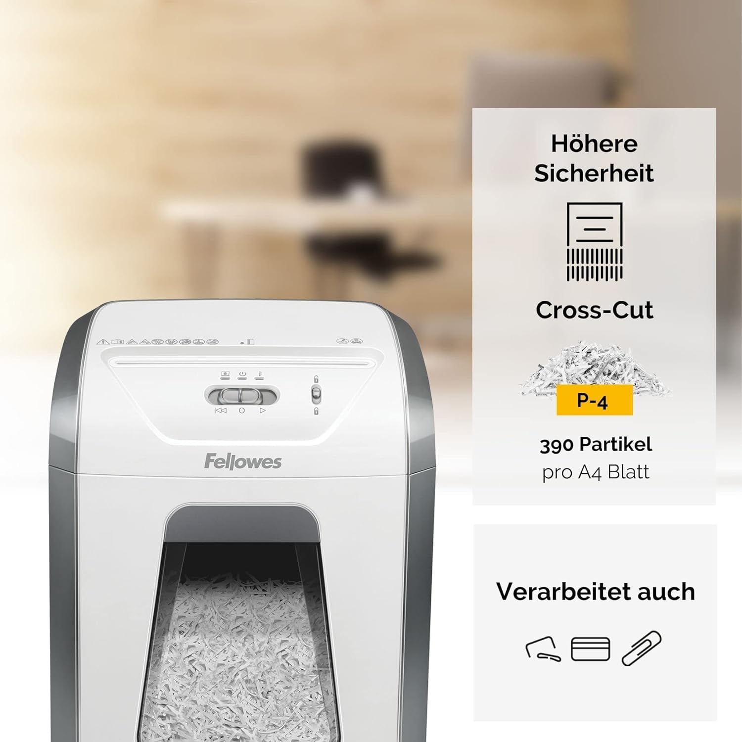 Fellowes Aktenvernichter, Papierschredder für 12 Blatt Partikelschnitt, Aktenvernichter P4, Schredder für Büro und Homeoffice, Powershred FS-12C, mit 19L Papierkorb, verarbeitet Kreditkarten, Weiß