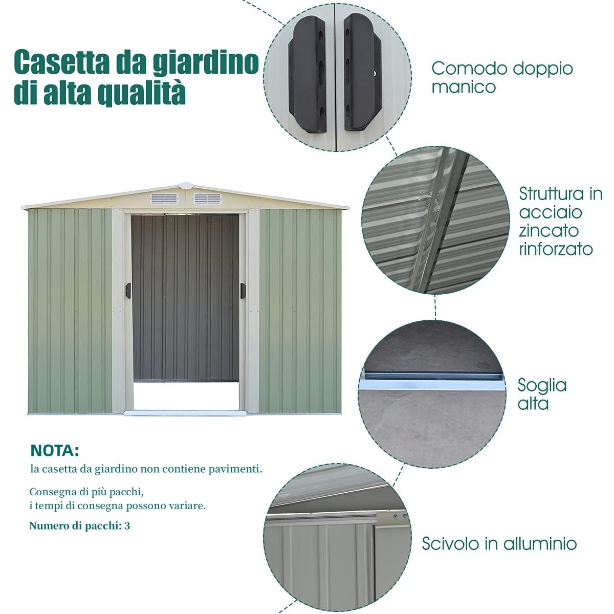 GYMAX Casetta da Giardino 4,75㎡ in Acciaio Zincat, Capanno Porta Attrezzi con 4 Feritoie, Doppie Porte Scorrevole e Rampa (4,75㎡/Verde)