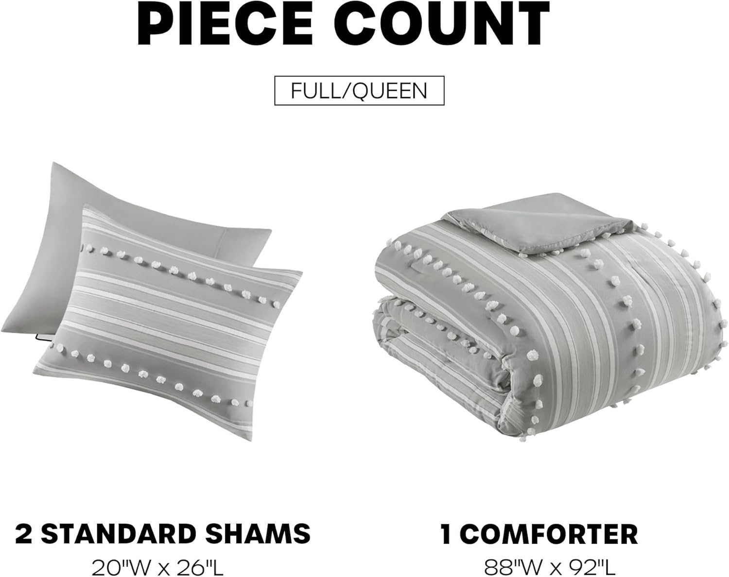Intelligent Design Queen Comforter Set Clipped Jacquard, Tufts Pompom Accent, Boho Comforter, Down Alternative All Season Lightweight & Fluffy Bedding, Matching Shams, Rowan, Full/Queen, Grey 3 Piece