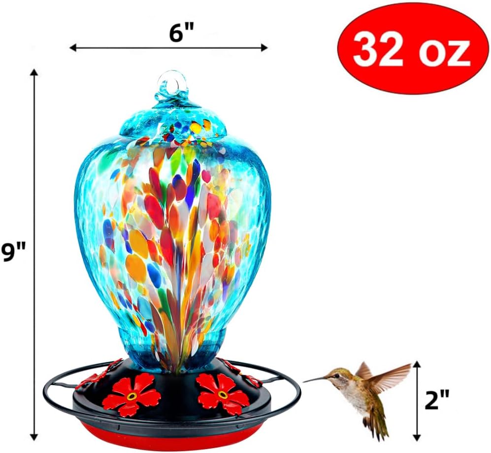 Glass Hummingbird Feeder for Outdoor Hanging 32 Ounces Large Hand Blown Patio Garden Decoration Hummingbird Feeder with Ant Moat Gift Idea for Women (Blue Fire)