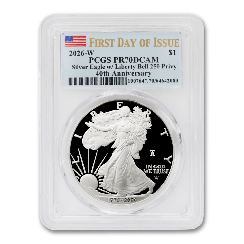 2026 W 1 oz American Silver Eagle Proof Coin PR-70 Deep Cameo (First Day of Issue - 40th Anniversary - Liberty Bell 250 Privy - Flag Label) with Official Government Packaging $1 PCGS PR70DCAM