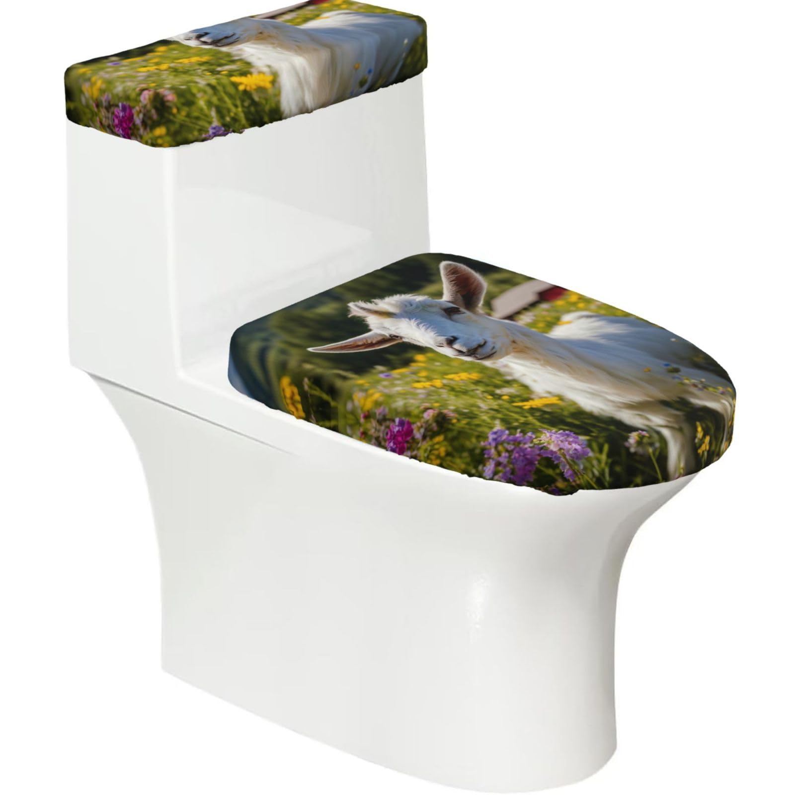 Goat Printed Toilet Tank and Lid Cover Set of 2 for Most Bathrooms, Fits Elongated Round Toilets
