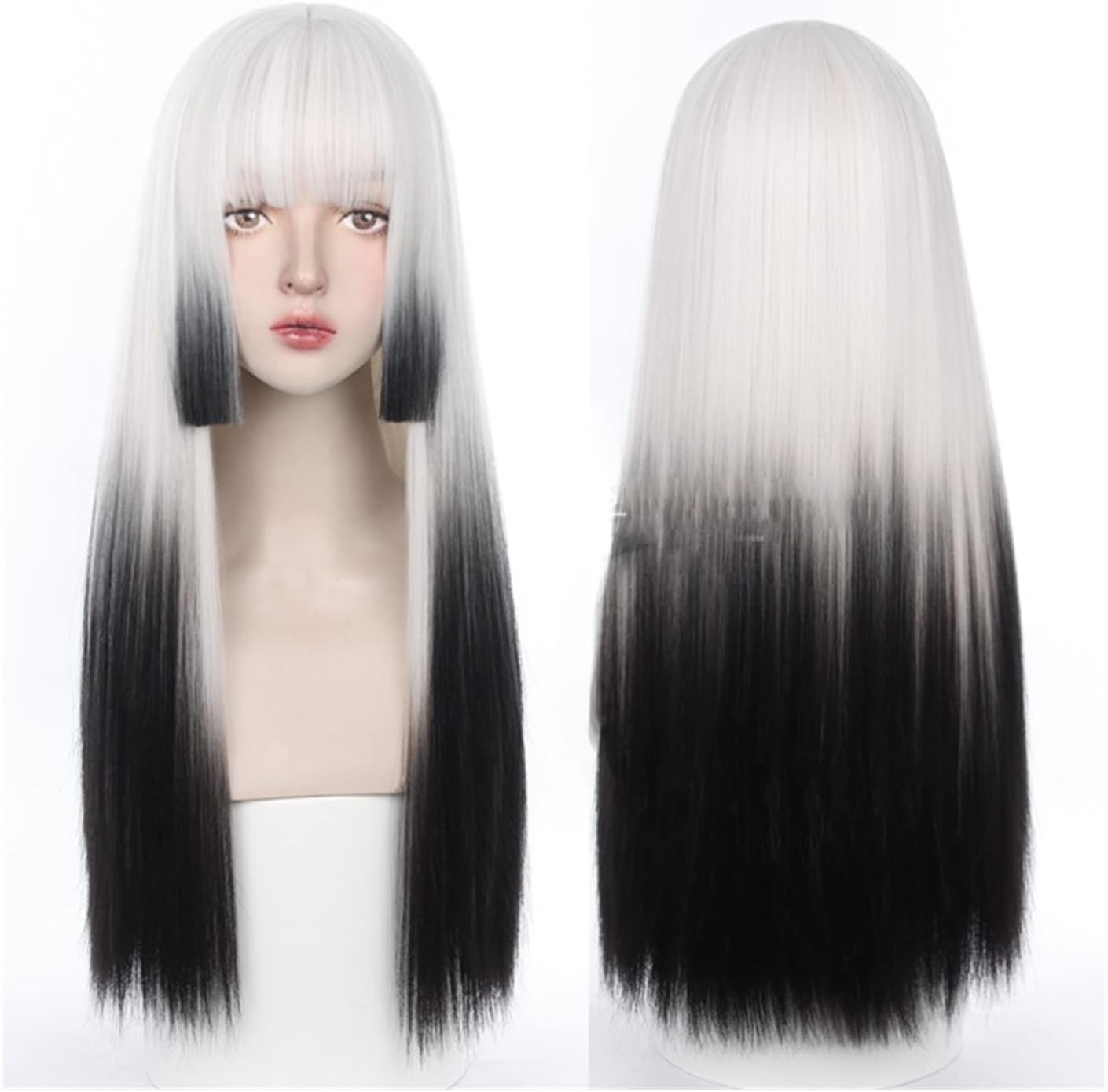 SUNESA Women Wigs White Gradient Black Wig with Neat Bangs