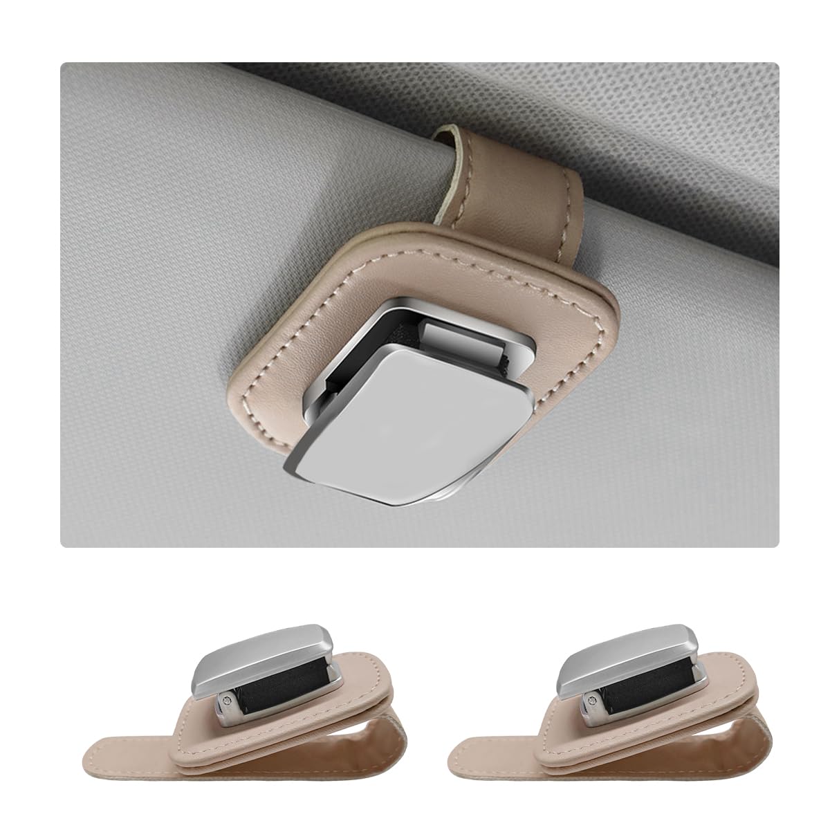 2 PCS Sunglasses Holder for Car, Leather Auto Visor Eyeglasses Hanger Ticket Card Storage Clip, Universal Vehicle Visor Glasses Mount Clip for Different Size Eyeglasses (Beige)