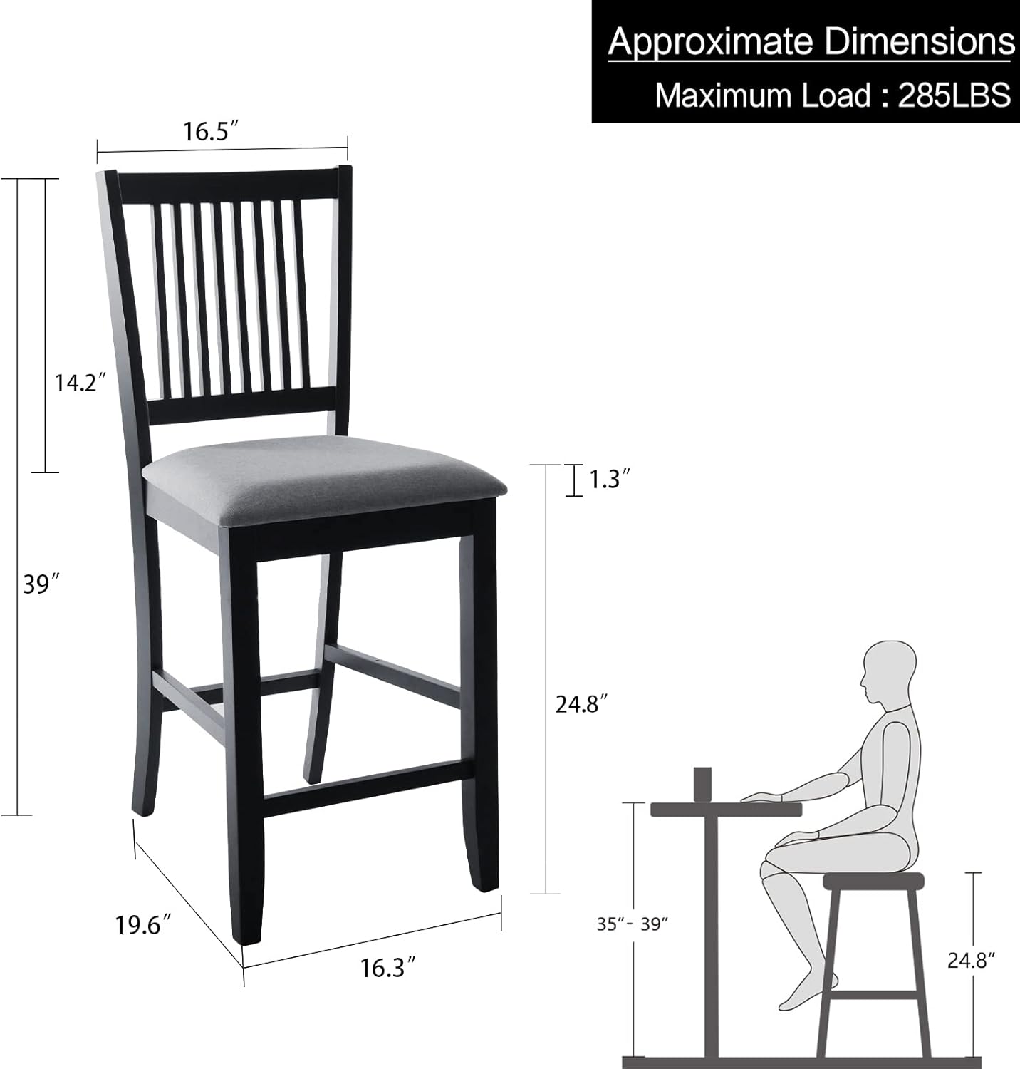 DUHOME Wood Bar Stools Set of 2, Counter Height Chairs Upholstered Barstool with Backrest Farmhouse Counter Stools for Kitchen Islands, Black