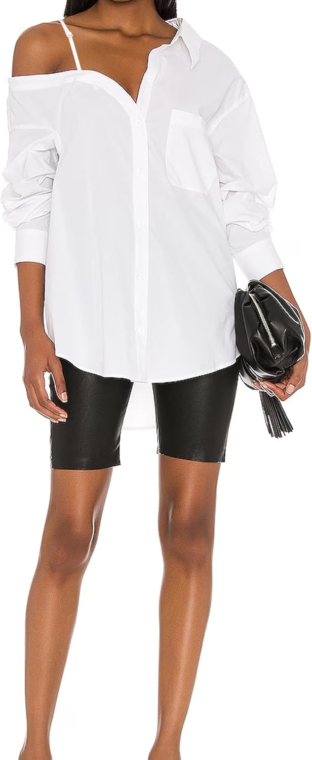 SUNNOW Women's Off Shoulder Long Sleeve Blouse Adjustable Tie Shirt with Functional Breast Pocket Casual Chic Tops - Image 4