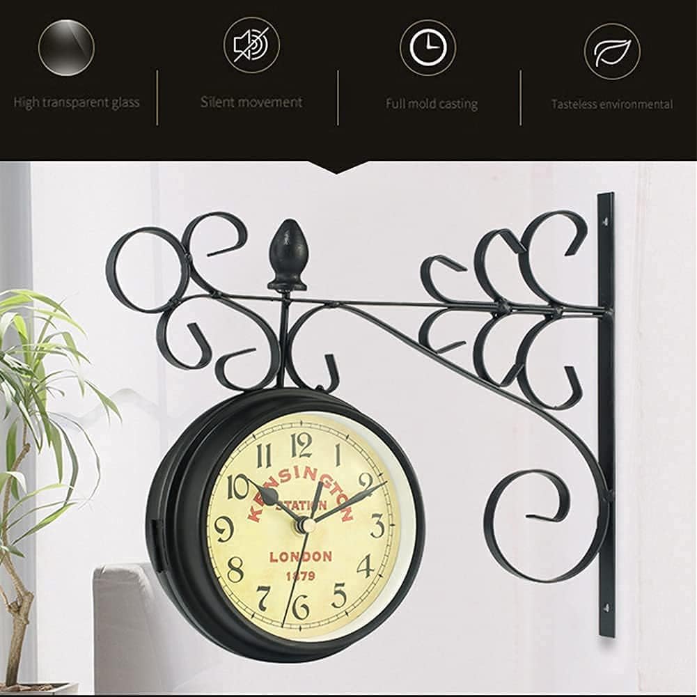 Outdoor Garden Clock, Double Sided Wall Clock with Bracket 5.2 Inch Glass Clock Face European Retro Style Wrought Iron Wall Clock Livingroom Bar Coffee Shop