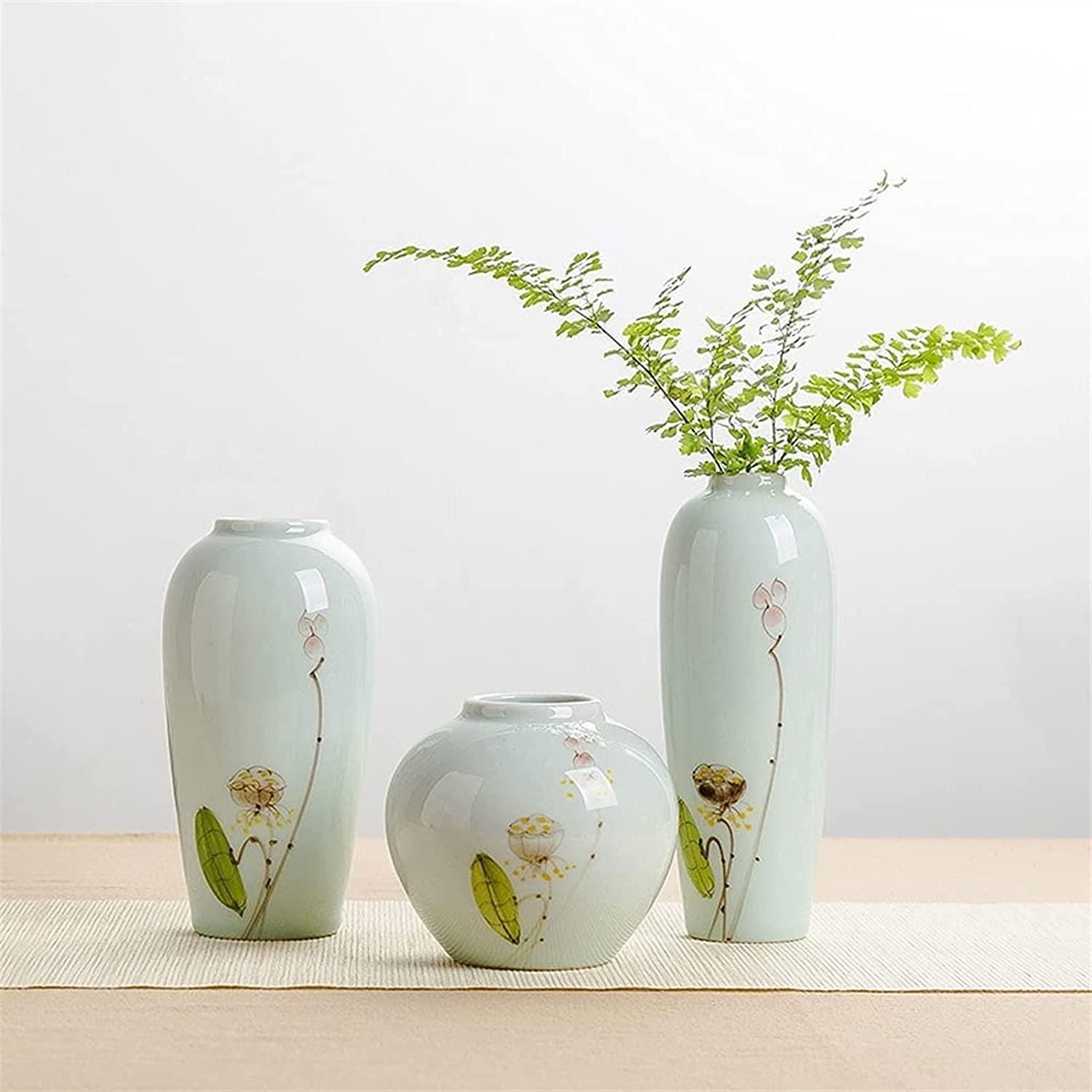 OLOTU Moda Florero de Estilo Chino, floreros de cerámica Blanca, jarrón de Loto Pintado a Mano, hogar, Restaurante, Mesa de Centro, decoración de Escritorio Decoración