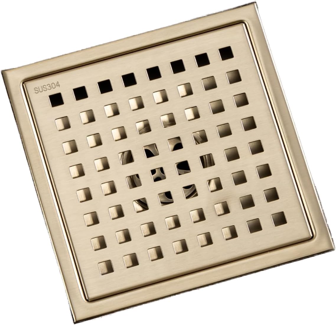 SISEHO"6-inch square floor drain pipe, 304 stainless steel bathroom/shower drain cover anti-blocking design, rust prevention, easy installation, with detachable filter screen" (6 Inch Brushed Gold)
