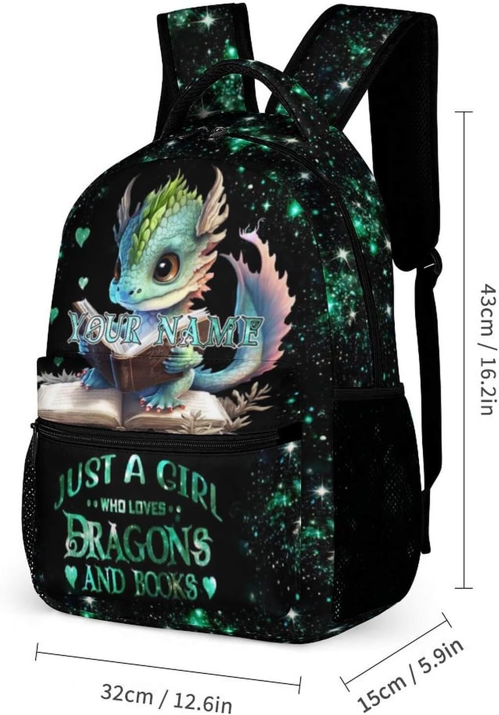 Custom Dragon Backpack for Kids Girls Boys School, 16 Inches Cute Dragon Theme Bookbag, Adjustable, Lightweight, Large Capacity - Image 3