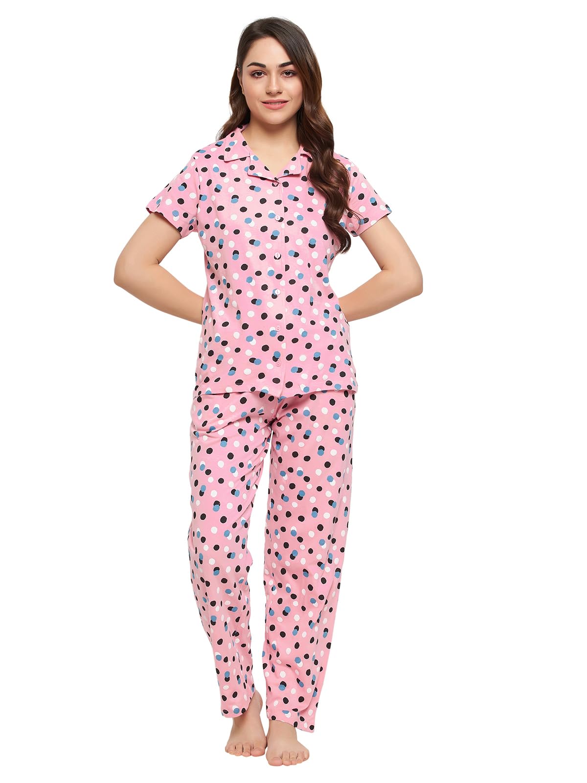 clovia Women's Cotton Dot Print Button Down Shirt & Pyjama Set in Pink-picture-37