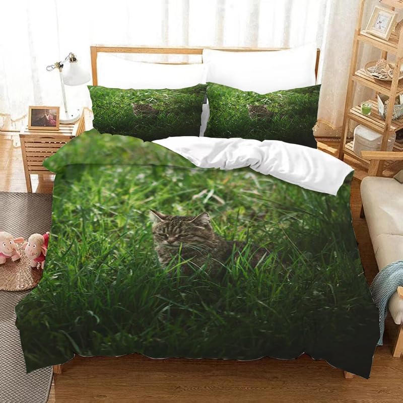 Housse de couette 90x190 enfant chat vert foncé et taie de lit 65x65