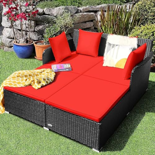 Image of BRISHI Outdoor /Pool Side /Garden /Balcony /Porch /Backyard /Terrace /Patio /Beach /Rectangular Sofa Sunbed Wicker and Rattan Daybed (Black /Red)