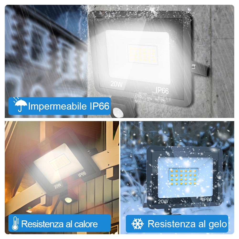 JESLED Faretto LED Da Esterno Con Sensore di Movimento, 20W 2200 Lumen, IP66 Impermeabile per Giardino, Cortile, Patio, Garage