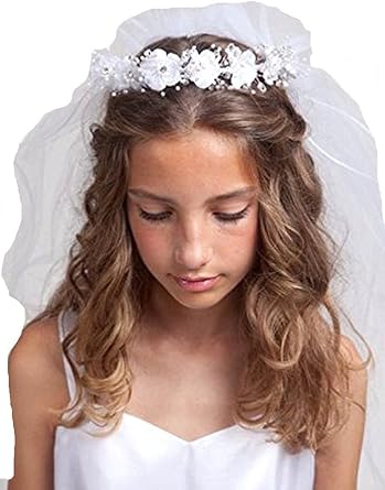 iGirlDress Girls White Floral Wreath Rhinestone Pearls First Communion Veil