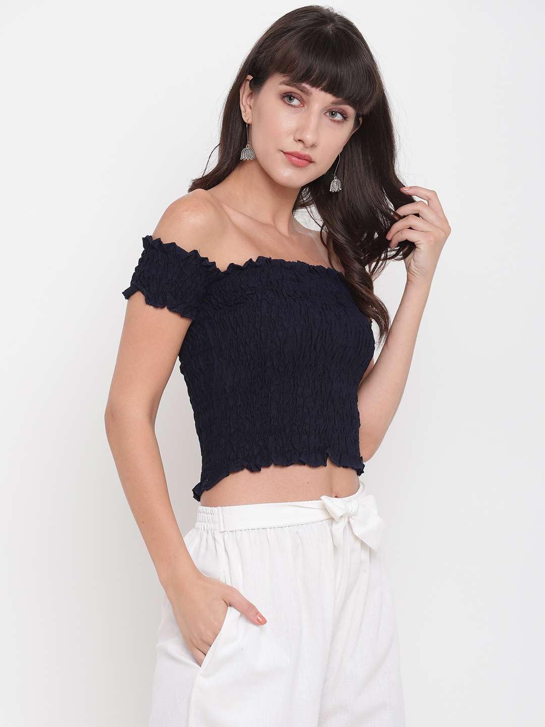 GrabMe Store Women's Rayon Solid Off-Shoulder Smocked Crop Top Short Sleeve Casual Styles Tank Top (Free Size) Multi20