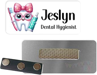 Cute Girly Tooth with Glasses - Pink Bow - Toothbrush Toothpaste - PERSONALIZED - Custom Name Tag - 1.25" x 3" Magnetic OR Pin Back - 247NT