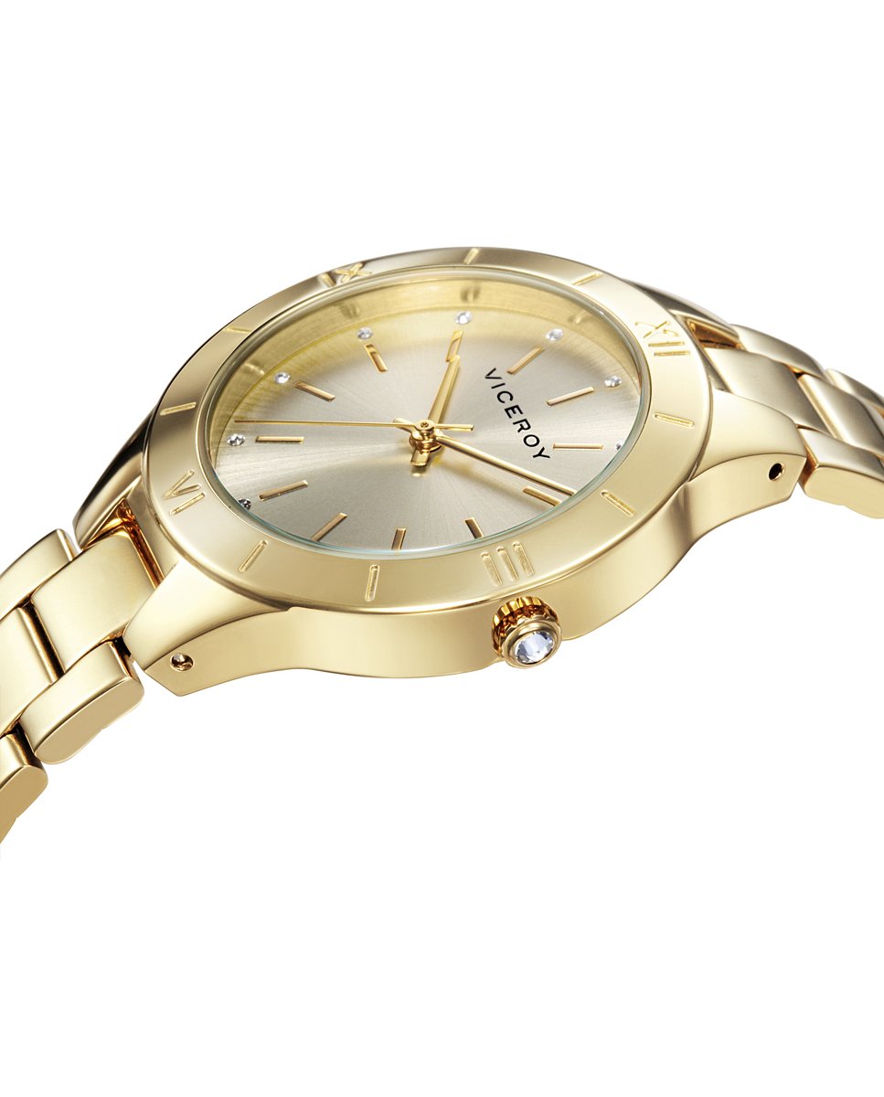 Viceroy Reloj Analógico Mujer de Acero Inoxidable - 35 mm - Movimiento de Cuarzo - Esfera Dorada con Circonitas - Acabado Dorado - Resistente al Agua 3 ATM - Colección Chic – 401056-27
