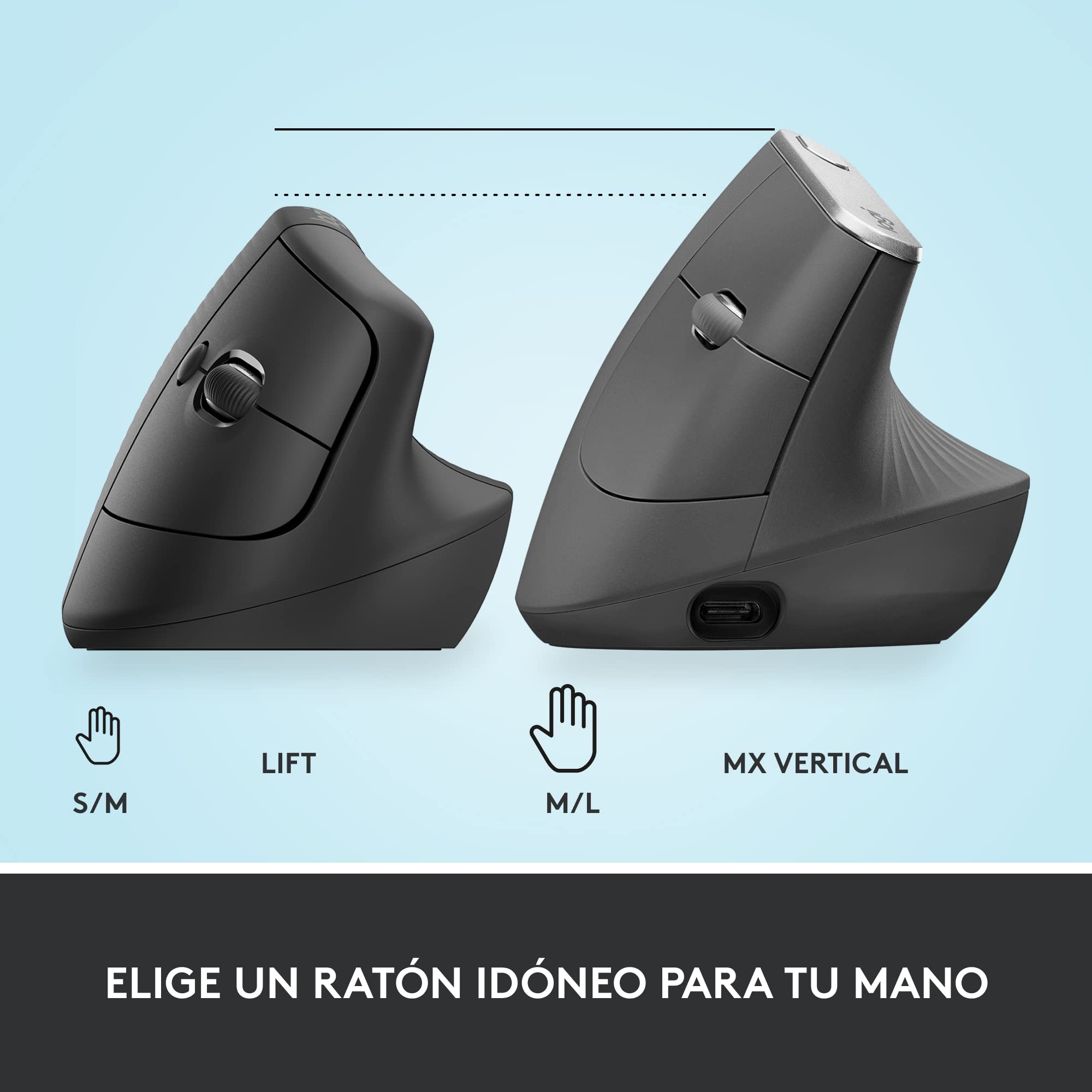 Logitech Lift Ratón Ergonómico Vertical, Inalámbrico, Bluetooth o Receptor Logi Bolt USB, clics Silenciosos, 4 Botones, Compatible con Windows/macOS/iPadOS, portátil, PC - Grafito