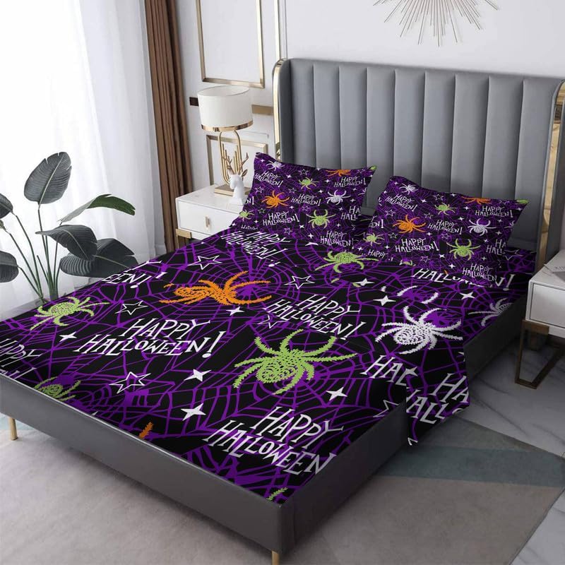 Juego de sábanas de tamaño King Juego de sábanas de Feliz Halloween para niños y niñas, juego de sábanas de tela de araña morado, microfibra suave