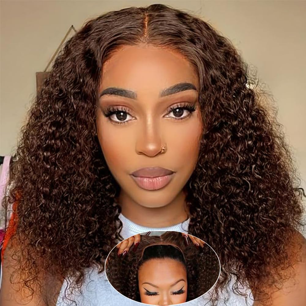 Chocolate Brown Glueless Bob Wig Human Hair Wear and Go 4x4 Pre Cut Lace Closure Deep Wave Bob Wig 180% Density Curly Human Hair Wig for Black Women Beginner Friendly (Glueless Wigs, 14inch)