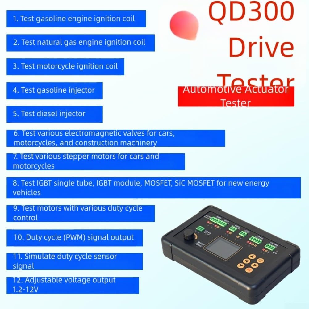 QD300 IGBT Automotive Ignition Coil Tester with 3A Output, 1Hz-100kHz Frequency Range, Adjustable Duty Cycle & Hall Signal Simulation for Fuel Injector and Solenoid Valve Testing