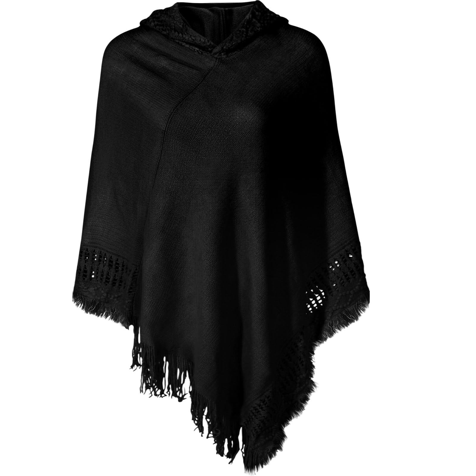 Shawl Poncho Sweaters for Women Knitted Hooded Cape with Fringed Hem Crochet Poncho Pullover Sweaters-image-42