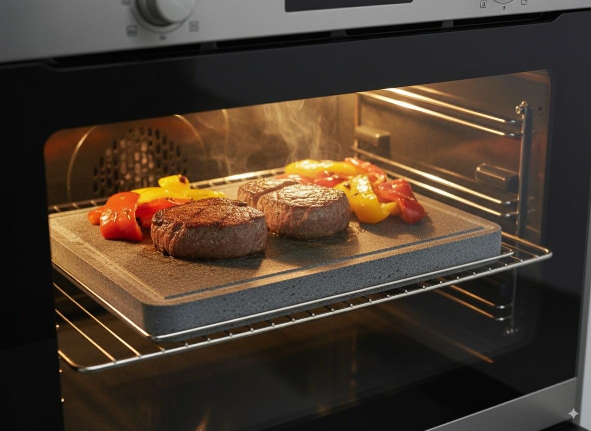 Piedra Volcánica PIEDRASAR para Asar Carne a la Piedra - Apta para barbacoa, fuego directo y horno- Con surco antigoteo y medida de 30x25x3