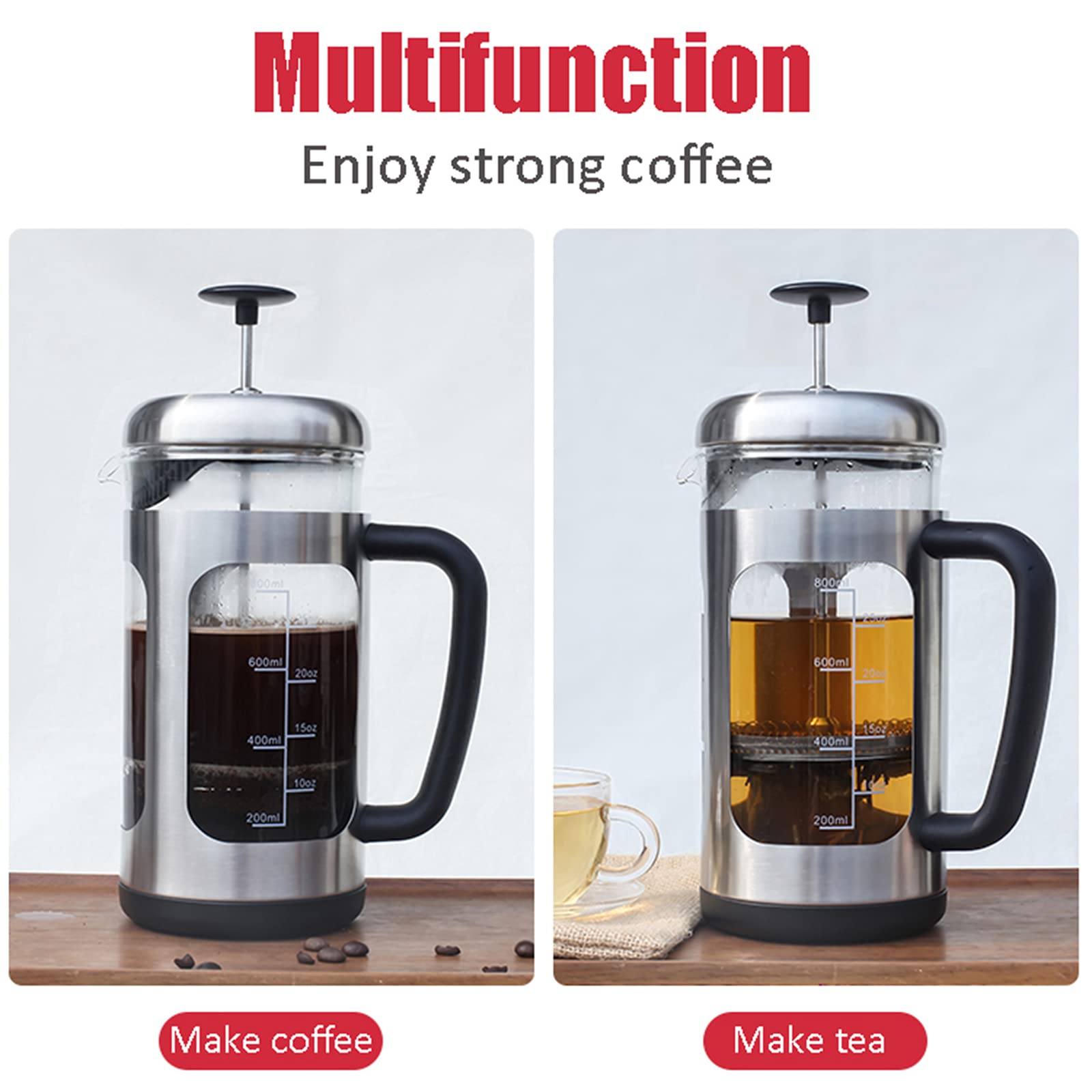 French Press - 1000 ml kawiarnia - kawiarnia ze stali nierdzewnej z odpornym na wysokie temperatury szkłem i 4-poziomowym systemem filtracji, do domu i biura