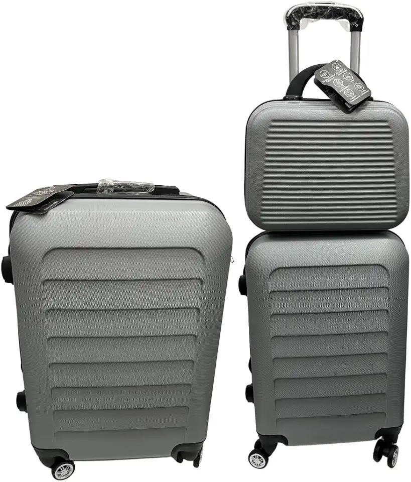 Kit 3 Malas de Viagem 23kg, 10Kg e Frasqueira 14 Polegadas Bolsa de Mão c/Trava de Senha FIbra Rígida ABS (Prata)