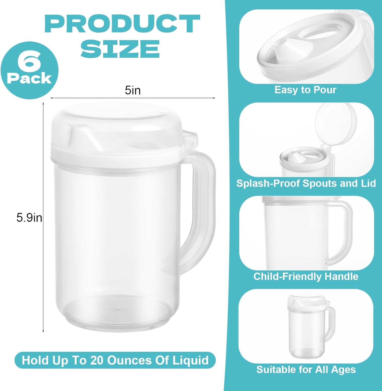 6 Pack Early Learning Kids Easy Pour Mini Pitchers 20 Oz Clear Plastic Pitcher with Lid and Handle Child Mini Easy Pour Bottles for Water Milk Tea Classroom Nursery Home