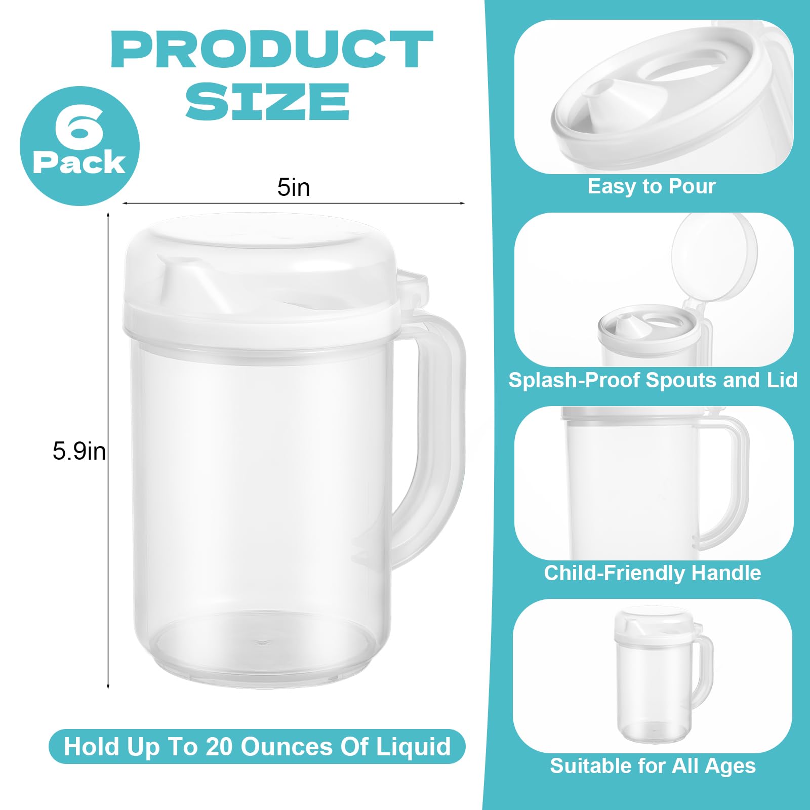 6 Pack Early Learning Kids Easy Pour Mini Pitchers 20 Oz Clear Plastic Pitcher with Lid and Handle Child Mini Easy Pour Bottles for Water Milk Tea Classroom Nursery Home - Image 3