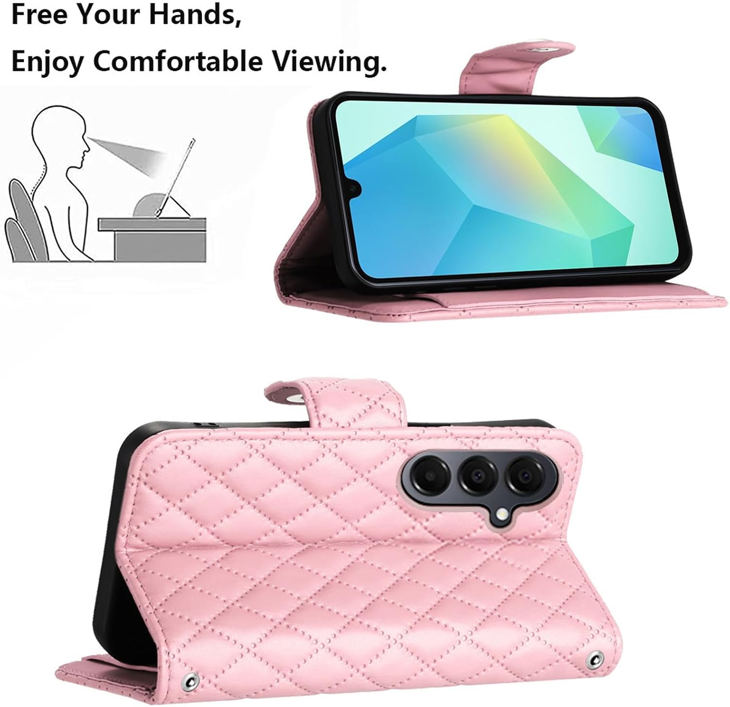 Wallet Case for Samsung Galaxy S25 FE 5G with Wrist Shoulder Strap, Argyle Pattern PU Leather Flip Credit Card Holder Stand Cell Phone Cover for S 25 EF S25FE 25S 25FE Girls Women Pink