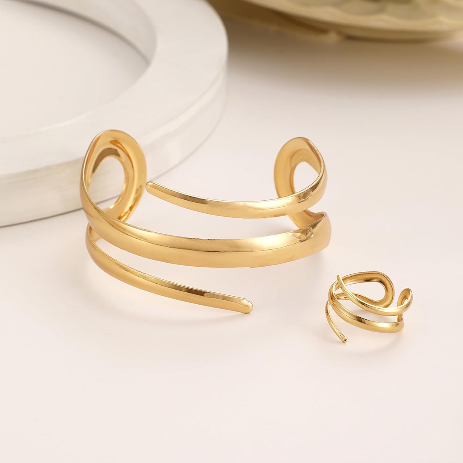 MIFYNN Chunky Gold Bangle Bracelets for Women Trendy Wide Cuff Bangles Bracelet and Ring set Open Non Tarnish Rings Stack Wrap Bracelet Dainty Snake Jewelry set for Mother's Day Wedding Birthdays - Image 7