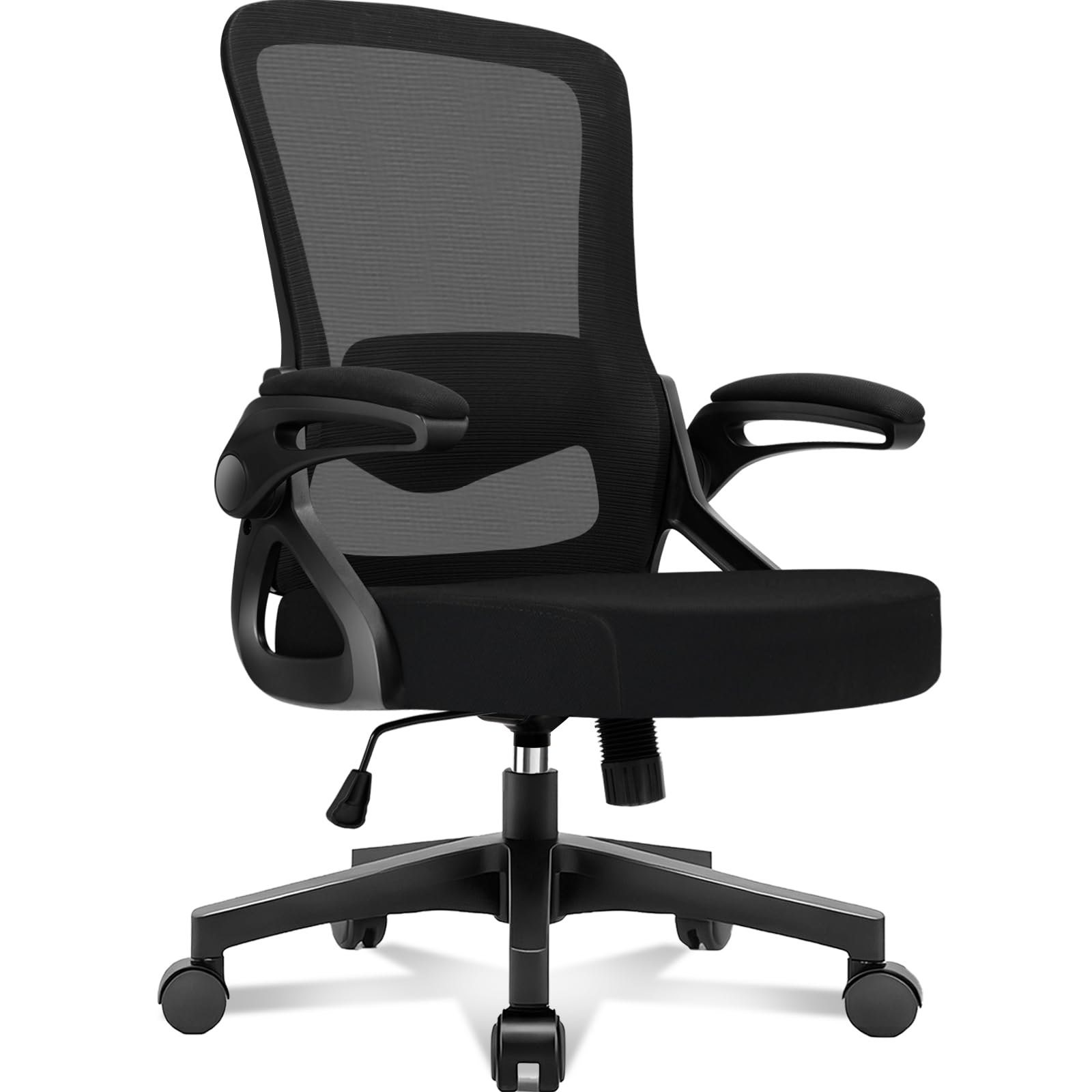 Ergonomischer Bürostuhl, Drehstuhl ohne Kopfstütze, 4D-Lendenstütze, Kappbare Armlehnen, Wippfunktion bis 125°, 90° arretierbar, höhenverstellbarer Schreibtischstuhl, 130 kg, Schwarz