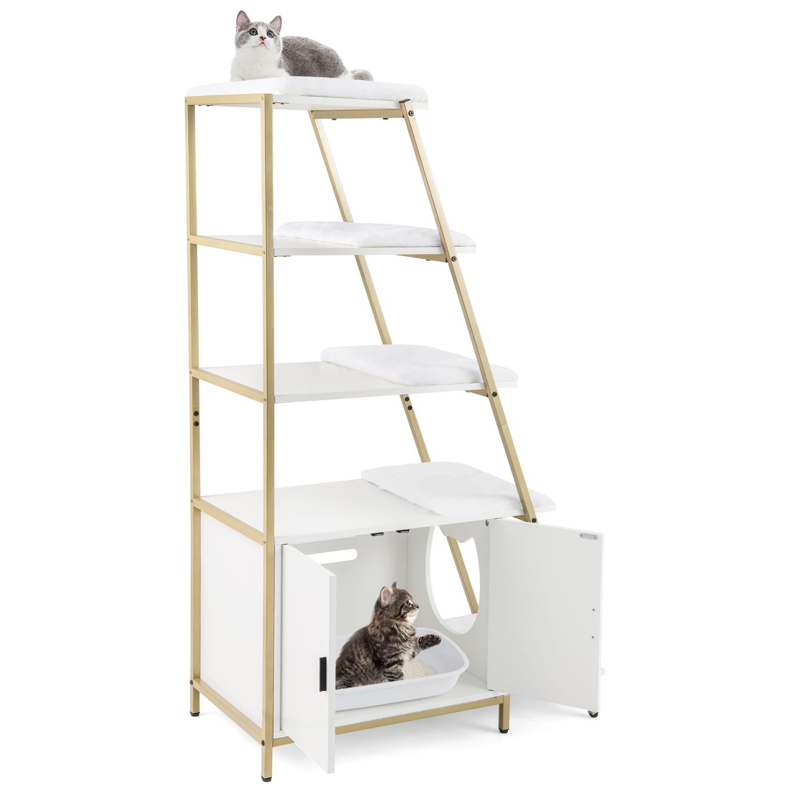 Maxmass Cat Litter Box Enclosure, Wooden Kitty House with Side Entrance, Ladder Shelf & Removable Cushions, Hidden Kitten Washroom Furniture for Indoor Cats