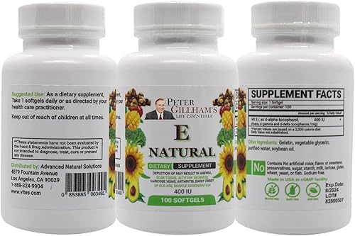 Miniatura 5 de Peter's Choice, Vitamina E natural 400IU, 100 cápsulas de cápsulas, antioxidante y soporte para la piel, sin gluten, fabricado en Estados Unidos