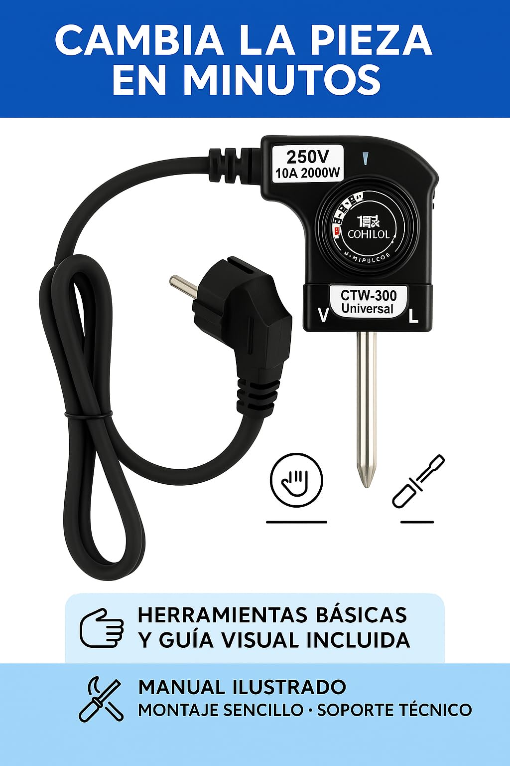 RECAMBIOS DREYMA Cable Termostato CTW-300 250V 10A 2000W 5 Niveles 0-280C 1 Metro Sonda 5.4cm Enchufe Europeo Tipo C Repuesto Plancha Asar Compatible con Princess Jata Fagor Montaje Facil