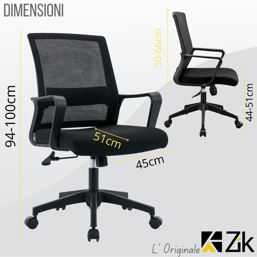 ZIK - Sedia da Ufficio Ergonomica Posturale, Poltrona Ufficio con Supporto Lombare, Sedia Comoda Scrivania con Rotelle, Braccioli, Regolabile in Altezza (45x51x94/100h (Black)