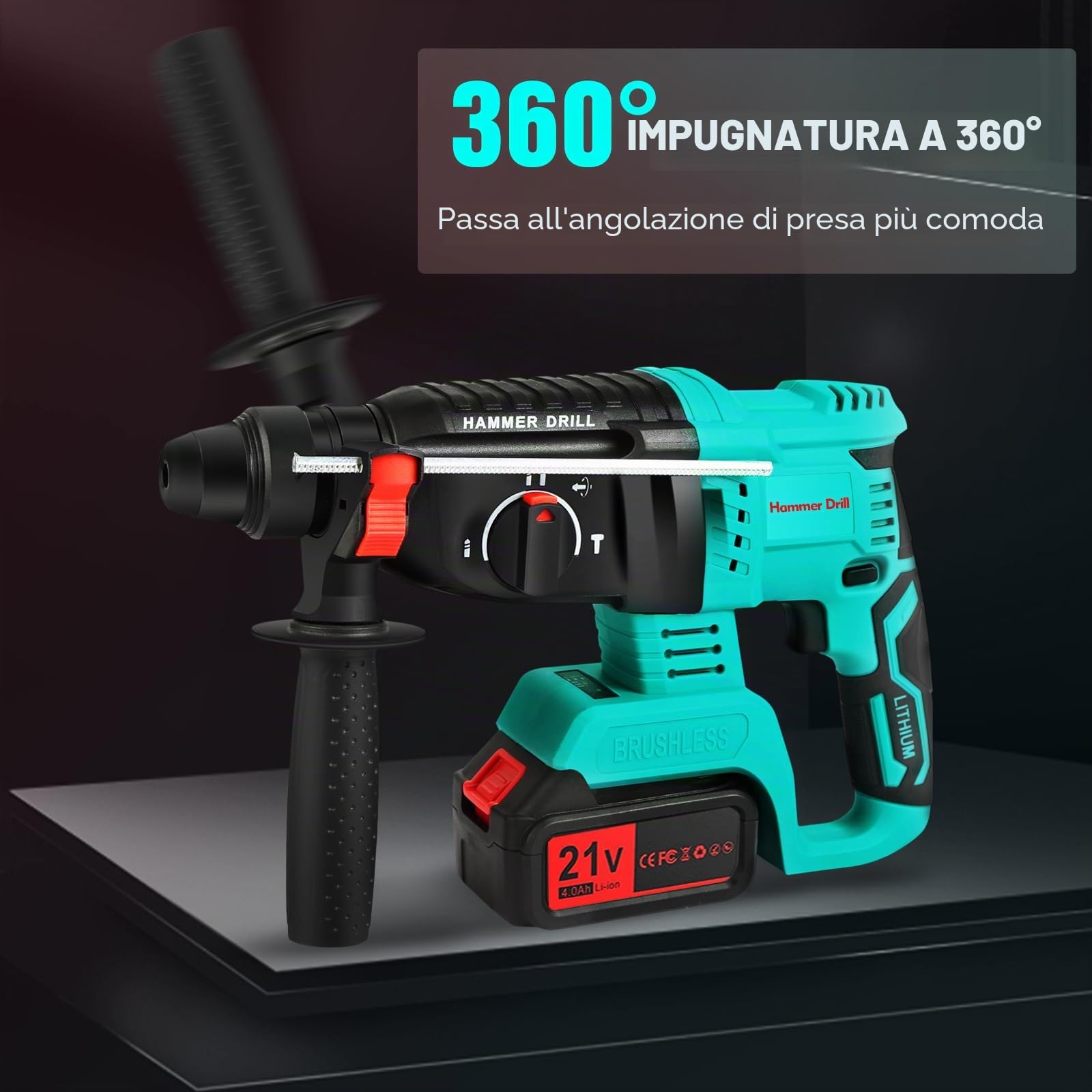 Martello Perforatore a Batteria 21V 4Ah*2 Batteria，Motor Sin Escobillas, Adatti per Cemento, Muratura, Pareti, Perforazione, Martellatura e Demolizione