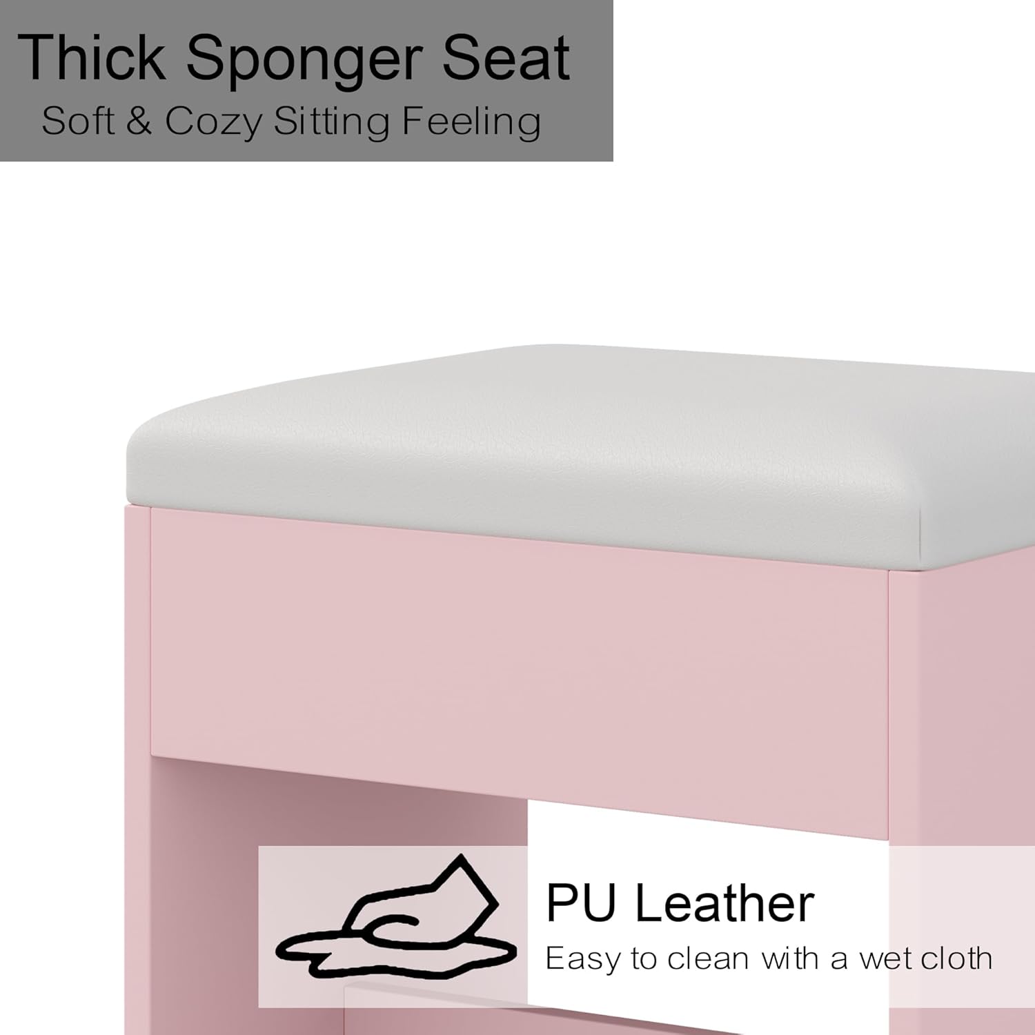Close-up of the vanity stool's thick sponge seat with PU leather, highlighting its comfort and easy-to-clean material