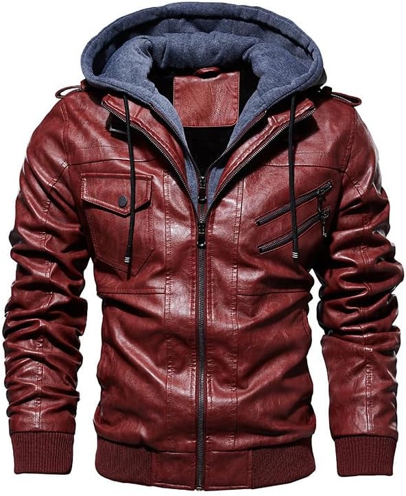 Men's Leather Jacket, Autumn and Winter Casual Leather Motorcycle Jacket with Hood, Faux Two Pieces, Khaki-4XL