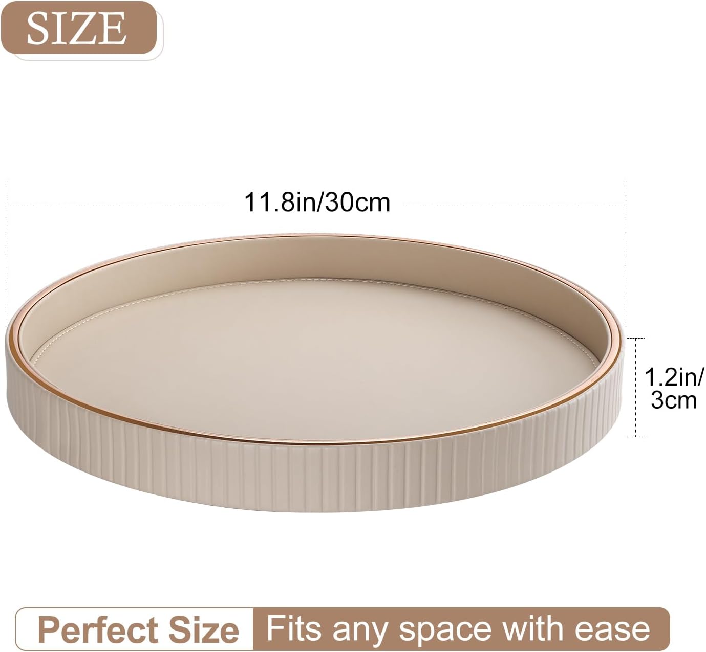 GORESE 12" Round Decorative Tray for Coffee Table, PU Leather Compact Serving Tray for Home Decor & Everyday Accents, Modern Nightstand Tray for Jewelry & Perfume, Beige