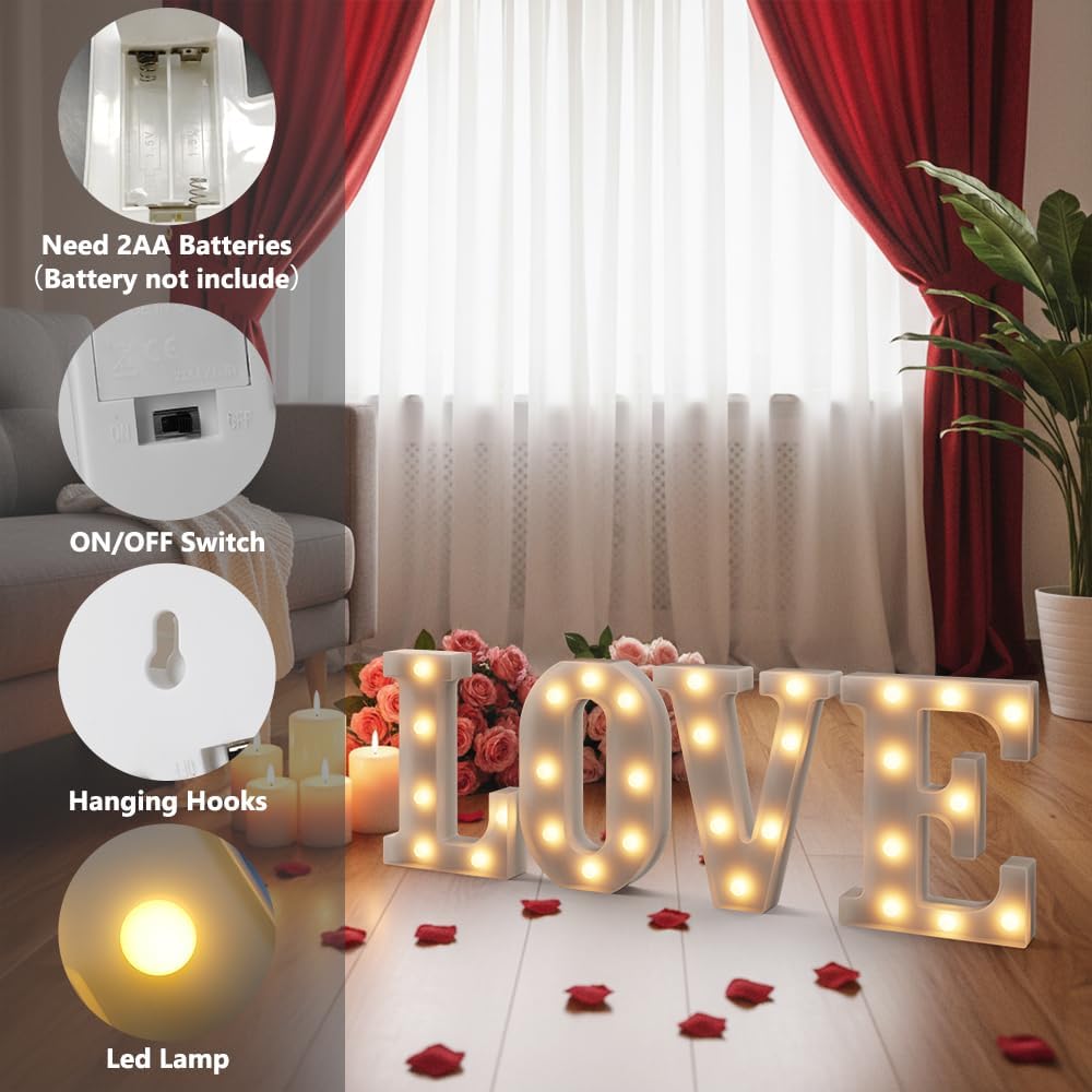 LOVE LED Marquee Signs Light Up Letters, LED LOVE Marquee Letter Lights, Warm White Letter Light for Wedding Proposal Decoration, Romantic Decorative Letters Signs, Battery Operated image 3