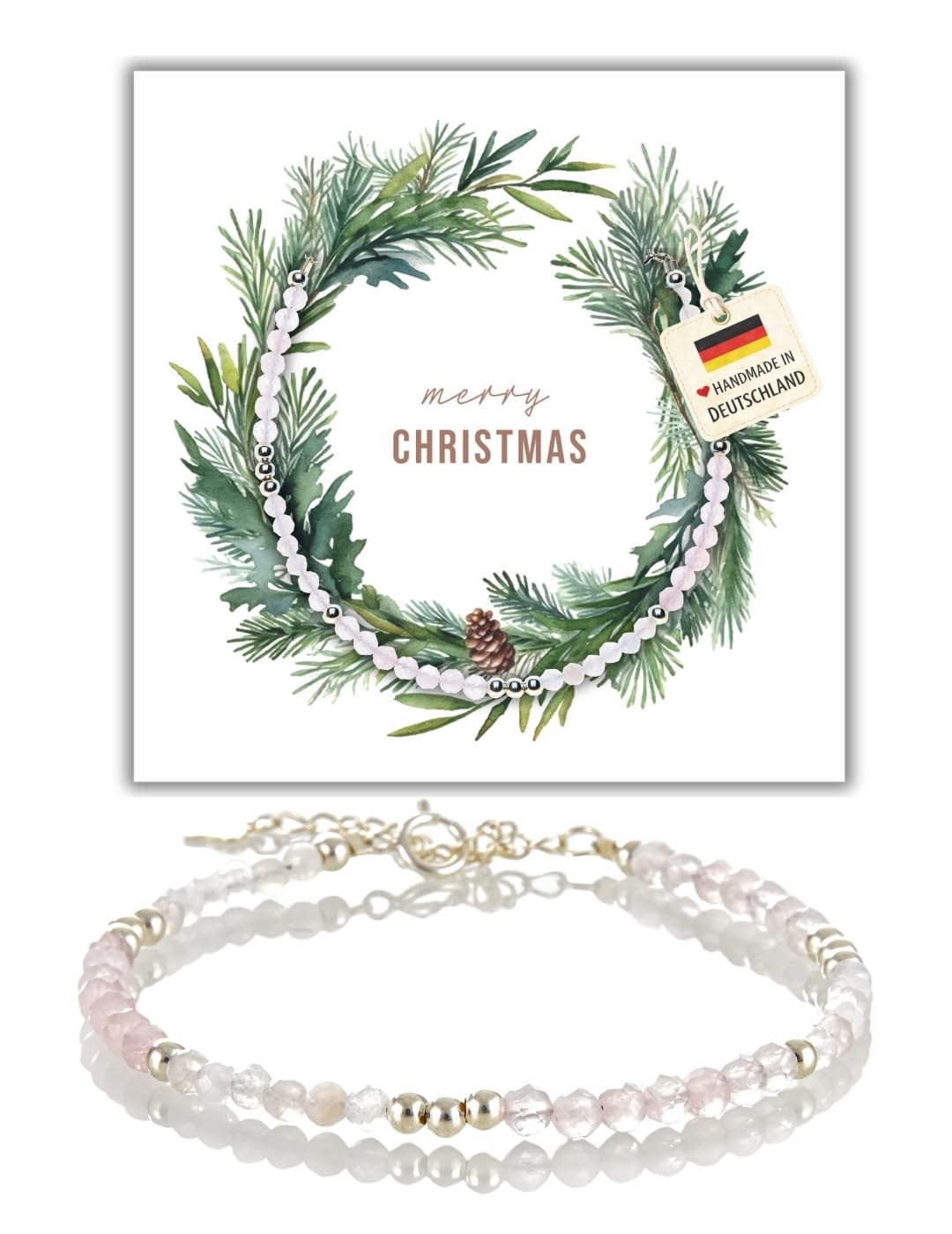 happymaker - Mondstein Armband mit Rosenquarz und Sterling Silber Perlen, handgefertigt in Deutschland, Silberarmband mit Weihnachtskarte und Geschenkverpackung