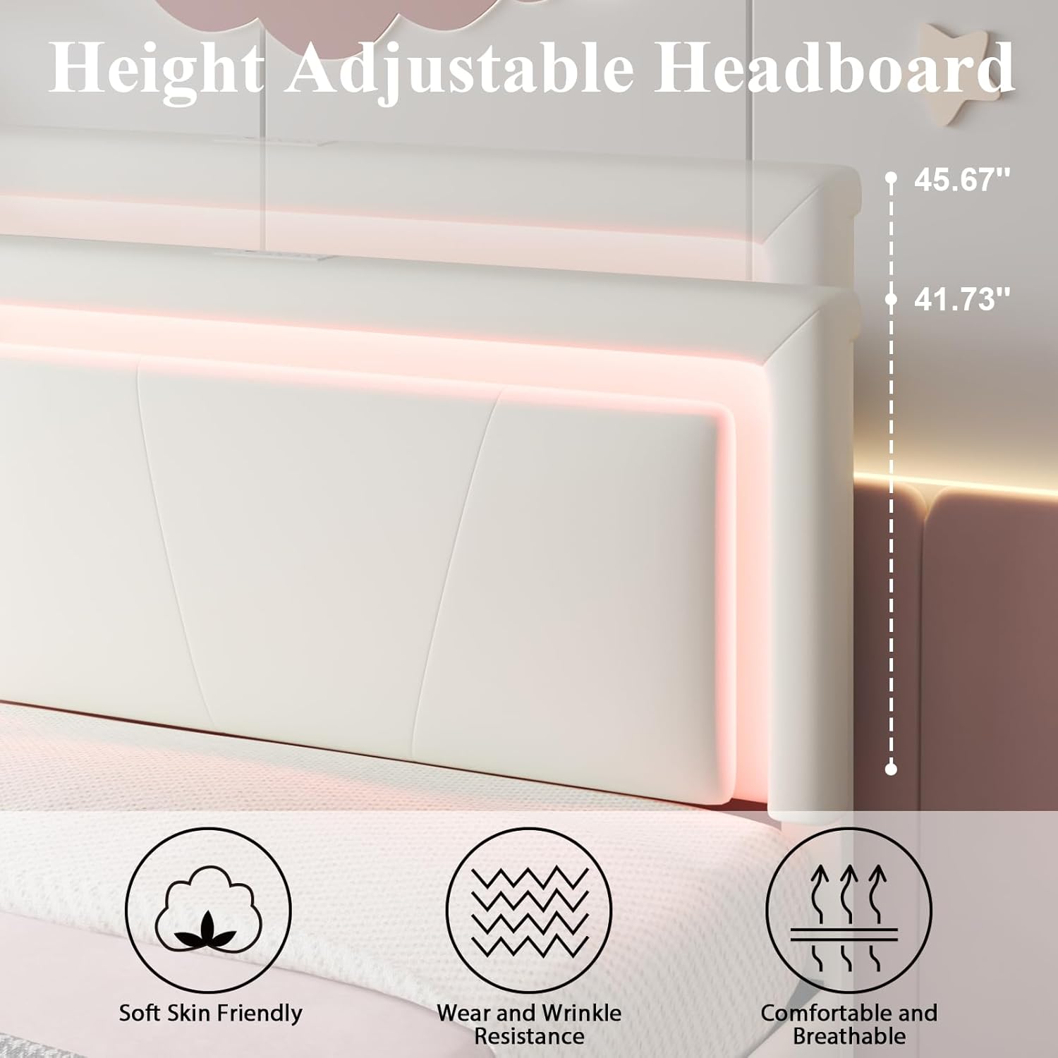 Twin Size Bed Frame with 4 Storage Drawers, Charging Station and LED Light, Adjustable Upholstered Headboard, Noise-Free, No Box Spring Needed, Easy Assembly, White